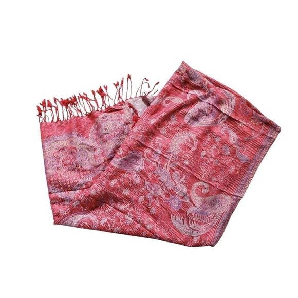 Pashmina(?) Silk Wool Paisley Scarf Wrap Shawl Rectangle Fringe Red Orange EUC - Picture 6 of 6